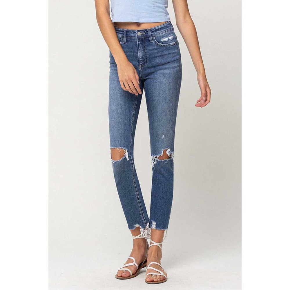 Flying Monkey Holly High Rise Distressed Hem Ankle Slim Straight Jeans - Picture 3 of 9